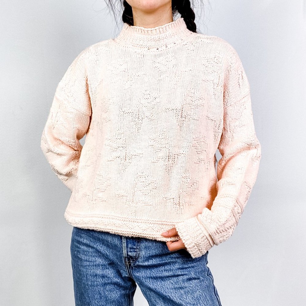 Vintage Light Pink Floral Knit Sweater Size M